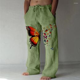 Men's Pants Mens Fashion Casual Printed Linen Long Elastic Waist Drawstring Pocket Lace Up Large Size Cut Harajuku JeansMen's