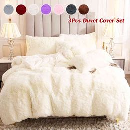 3pcs/set Modern Luxurious Fluffy Faux Fur Duvet Cover with Pillowcase Solid Colour Cosy Long Plush Winter Bedding Sets No Sheet