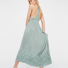 Casual Dresses Boho Dress 2022 Vintage Chic Green Cotton Floral Embroidery Strap Sexy Back Summer Maxi Hippie Women Long