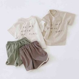 2022 New Summer Suit Boys Round Neck Simple Letter Short Sleeve T-Shirt Girls Baby Casual Shorts Two-piece Set G220521