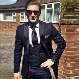 3 Piece Groom Tuxedo for Wedding Navy Blue Slim Fit Men Suits Formal Male Fashion Costume Jacket Vest with Pants
