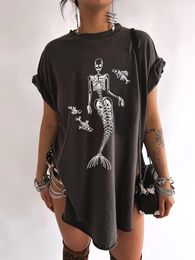 Women's TShirt Mermaid Skull Print Vintage Women Side Slit Summer Funny 90s Female Drop Shoulder Short Sleeve ee s ops 230206