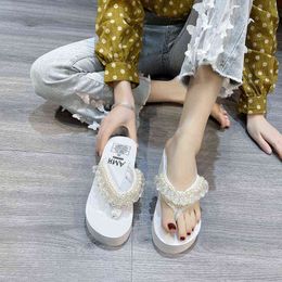 Slippers Platform Flats Woman Flip Flops Pearl Mesh Slingback Sandals Summer Shoes Clip-toe Fashion Slides Mujer 220530
