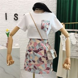 2020 summer new heavy industry sequins Korean white T shirt short skirt suit 2 piece sets womens outfits T200701