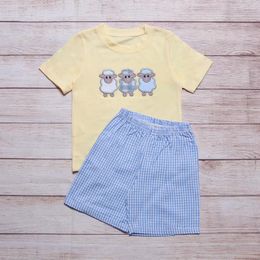 Clothing Sets Summer Clothes Yellow Short Sleeve Top And Blue Plaid Shorts Easter Three Sheep Embroidery Pattern Boys ClothesClothing