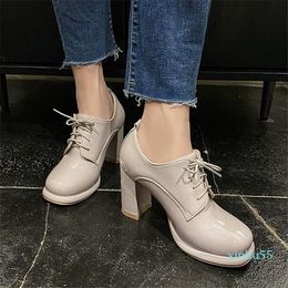 Dress Shoes Plus Size 34-43 Women Pumps Lace Up Spring Autumn Block High Heels Office Lady Party Pink Black