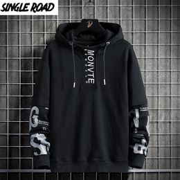 Single Road Mens Hoodies Patchwork Fashion Harajuku Sweatshirt Hip Hop Japanese Streetwear Casual Black Oversized Hoodie 220406