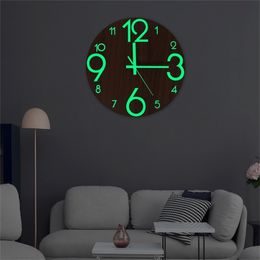 New Wooden Wall Clock Luminous Number Hanging Clocks Quiet Dark Glowing Wall Clocks Modern Watches Decoration for Living Room T200616