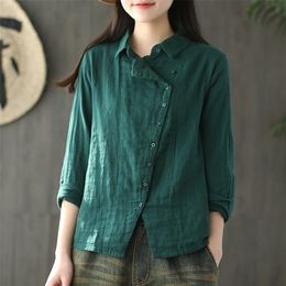 Johnature Cotton Shirts Vintage Blouses Women Solid Colour Cloths Spring Turn-down Collar Long Sleeve Button Casual Shirts 210326