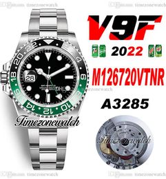 V9F V4 GMT II A3285 Automatic Mens Watch Sprite Black Green Ceramic Bezel 904L OysterSteel Bracelet Left Hand Crown Same Serial Card Super Edition Timezonewatch B2