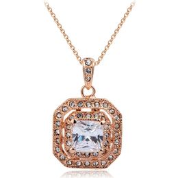 Pendant Necklaces Princess Cut Square CZ Double Crystal Suspension Pingente Necklace Women Girls Gold Colour Jewellery Collares UndertalePendan