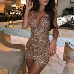 short sparkly dresses UK - Casual Dresses Women Sexy Sequins Glitter Sparkle Deep V Neck Halter Backless Bodycon Short Mini Dress Evening Party Wrap Hip Package ClubDr