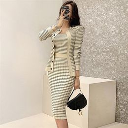 H Han Queen Korean Knitting 3 Pieces Set Women Knitted Sling Cardigan And Pencil Skirts Casual Simple Office Lady Skirt Suit 220816