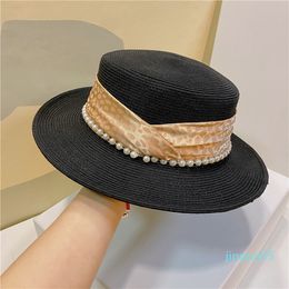 Portable Lady Grass Braid Caps Pearls String Women Hats Printed Ribbon Women UV Cap