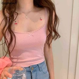 Sweet Tanks Women Bow Lace Off Shoulder Basic Knitted Crop Tank Top Female Preppy Style All-match Chic Camis Cute Ulzzang Teens