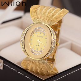 Mesh Band Frauen Uhr Mode Oval Gold Armband Legierung Quarzuhr Kleid Strass Damen Armbanduhren Damen Armband Uhr