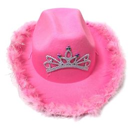 Ball Caps Wool Felt Fedoras With Glittering Ornament Wide Brim Hat Paillette Hats Cowgirl Style In Pink Accessories