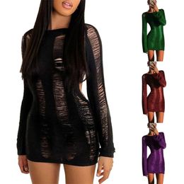 Casual Dresses Women Backless Knitted Mini Dress Long Sleeve Round Neck Solid Colour Crochet Knit Sexy Hollow Out Beach Clubwear DressesCasua