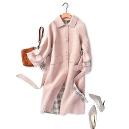 Shuchan Pink Wool blend Coat Women Adjustable Waist Single Breasted Wide-waisted Office Lady Coats and Jackets Women 201215