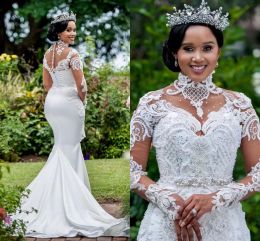 Arabic Aso Ebi Luxurious Mermaid Beaded Wedding Dress Long Sheer Sleeves Pearls Bridal Gown Hight Neck Vestidos De Mariage PRO232
