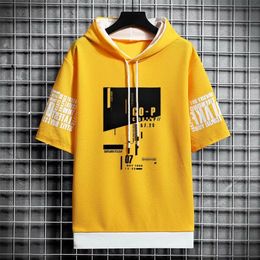 Japan Style Men's Hoodies Fashion Streetwear Short Sleeve Hooded Sweatshirts Men Casual Harajuku Prints Men Clothing Hoodies 220816