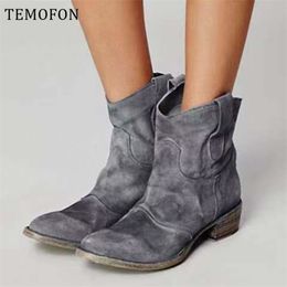 Women Ankle Boots Winter Suede Square Heel Pointed Toe Vintage Boots Women Botas Mujer Female Ankle Slipon Cowboy Boots HVT506 201103