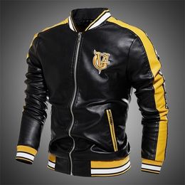 Men Jacket Casual Letter Embroidery Leather Jacket Streetwear Fashion Tops Patchwork Leather Bomber Jacket Autumn Coat Men 201116