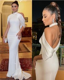 Simple White Mermaid Evening Dresses High Neck Low Back Silk Strecth Satin Elegant Prom Gowns Long Celebrity