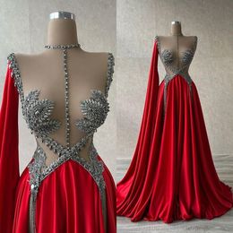 Sexy Red Satin Mermaid Prom Dresses 2022 Sparkly Beaded Long Sweep Train Formal Evening Occason Gowns