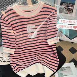 Women's T-Shirt Summer Woman's Tops Knitting Blouses Striped Pink Cute Letter O-Neck BlousesWomen's
