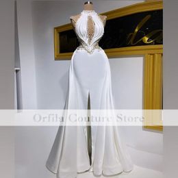 Elegant Mermaid Evening Dresses 2022 Satin Pearls High Neck For Women Prom Party Gowns Robes De Soiree Custom Size