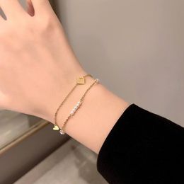 Charm Bracelets Titanium Steel Bracelet Classic Love Letter Heart-Shaped Double-Layer Gold Pearl Anklet For Woman 2022 Korean Fashion Jewelr