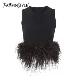 TWOTWINSTYLE Black Patchwork Feathers Korean Fashion Shirt Top Women Round Neck Sleeveless Slim Tops Female Summer Clothing 220316