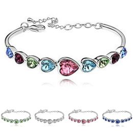 heart beaded bracelets UK - Beaded, Strands Luxury Colorful Cubic Zirconia Beads Bracelets Silver Color Chain Crystal Wedding Heart Bracelet For Women Jewelry