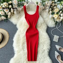 Women Pencil Dress Tank Sleeve Square Collar Bodycon Sexy Vestidos Kpop Vintage OL Elastic Knitted Female Summer Dresses 226014