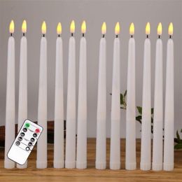 flameless candles pillars UK - 12pcs Yellow Flickering Remote LED Candles Plastic Flameless Remote Taper Candles bougie led For Dinner Party Decoration2537