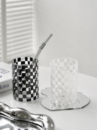 Dinnerware Sets White Black Checkerboard Plaid Drinkware Glass Water Cup Heat-resistant Mug Wine Coffee Denim CupDinnerware