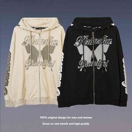 Tkpa Tide Brand Butterfly Print Hooded Cardigan Sweater Men and Women Hiphop High Street Loose Couple Jacket Autumn