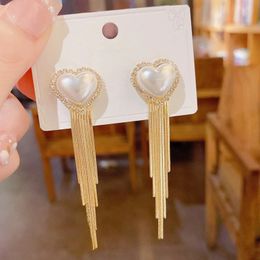 2022 Dangle & Chandelier High Grade Pearl Love Heart Tassel Earrings For Women Personality Statement Golden Party Dangling Long Earings