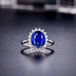 Cluster Rings 925 Sterling Silver Ring Exquisite Love Blue CZ Crystal Vintage Wedding For Women Fine Jewelry Oval Dazzling Edwi22