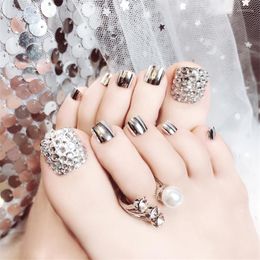 False Nails 24Pcs/Set Beauty Chic Toe Silver Metallic Finished Full Cover For Foot With Rhinestone Feet Artificial Nail Prud22