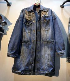 Women's Trench Coats European Washed Brushed Holes Denim Jacket High Quality Women Back Pocket Long Shirt Bery22