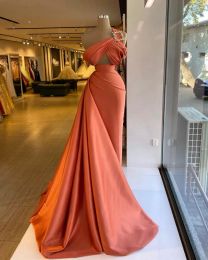 Sexy Orange Elegant One Shoulder Satin Mermaid Evening Gowns Women Pleats Floor Length Prom Dresses Long Train Custom Made Plus Size Party Dress