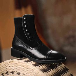 Women Boots Hot Real Leather Winter Rivet Buckle Zip Brogues Retro Round Nose Thick Heel Ankle Fashion Herd Shoes 220607