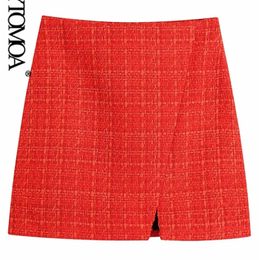 KPYTOMOA Women Fashion With Print Lining Front Slit Tweed Mini Skirt Vintage High Waist Side Zipper Female Skirts Mujer 220322