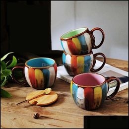 Mugs Drinkware Kitchen Dining Bar Home Garden 350Ml Creative Hand Painted Coffee Mug Ceramic Cup With Wooden LidSpoon Cafe Dhvpn