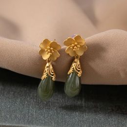 Dangle & Chandelier Natural Hetian Jasper Orchid Earrings Chinese Retro Elegant Light Luxury Fairy Charm Accessories Women's Brand Jewel