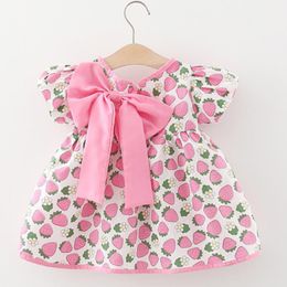 Girl's Dresses Baby Girl Dress 2022 Summer Korean Girls' Strawberry Print Backless Bow Foreign Style Bubble Sleeve Princess DressGirl's