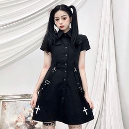 Casual Dresses Black Gothic Mini Dress Women Harajuku Punk 2022 Summer Shirt Goth Streetwear Short Sleeve Vintage SundressCasual
