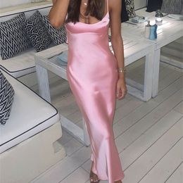Pink Camis Long Women Satin Cut Out Sleeveless Slip Female Backless Sexy Party es Summer Slit Midi Dress 220608
